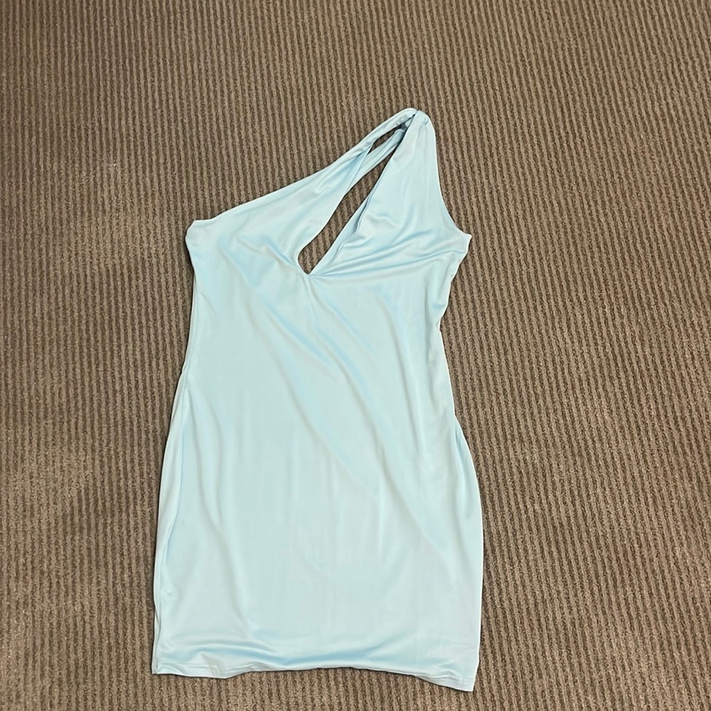 One shoulder blue mini dress